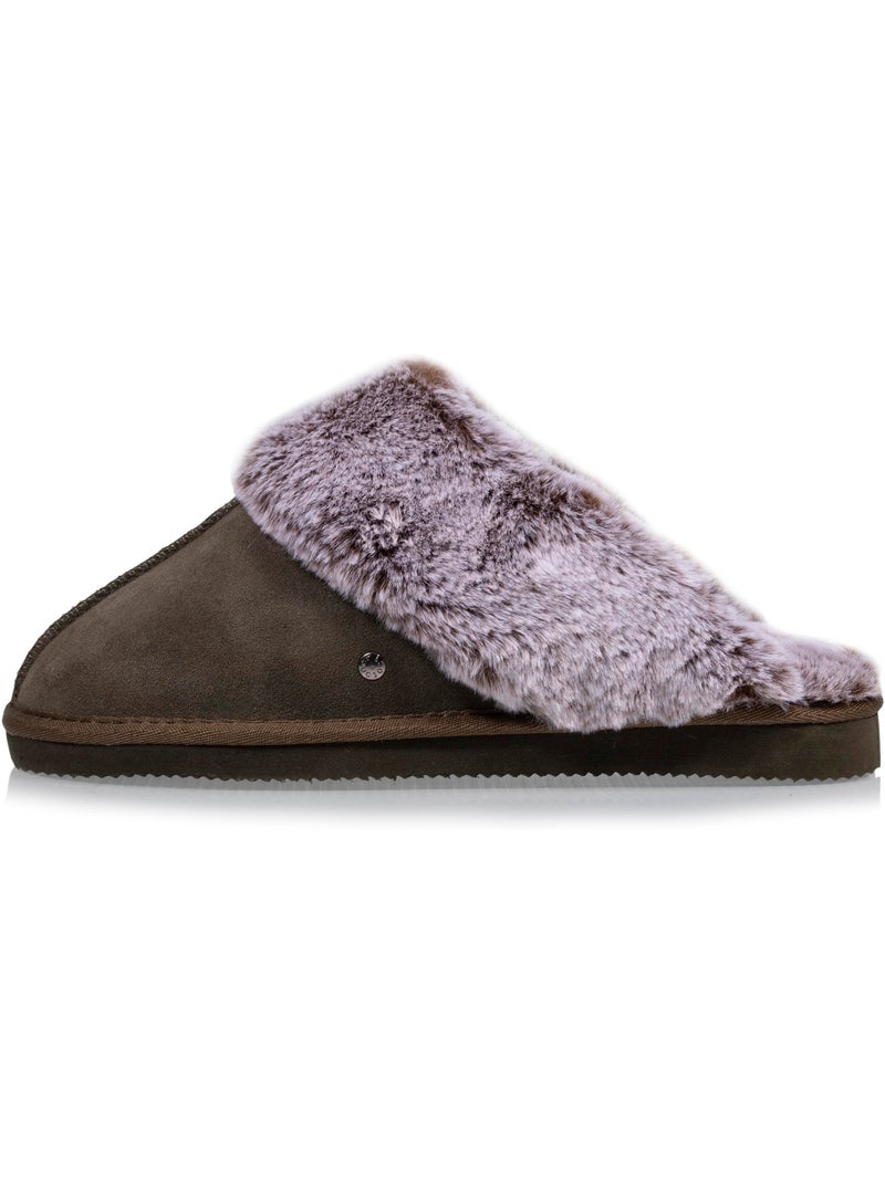 Chaussons mules cuir fourré chaud femme isotoner Kaki - Kiabi