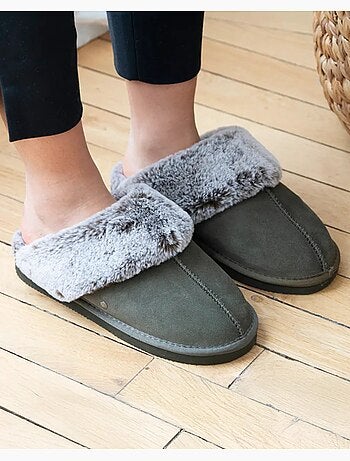 Chaussons mules cuir fourré chaud femme