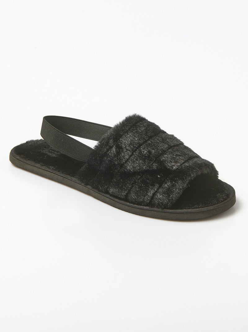 Chaussons mules élastiqués maille peluche Noir - Kiabi