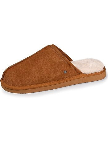 Chaussons mules en cuir et interieur ultra doux en homme isotoner