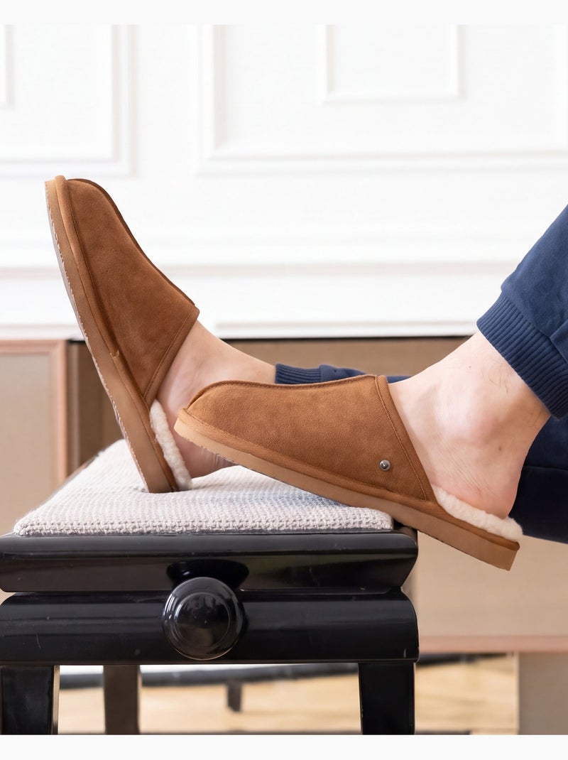 Chaussons mules en cuir et interieur ultra doux en homme isotoner Camel - Kiabi