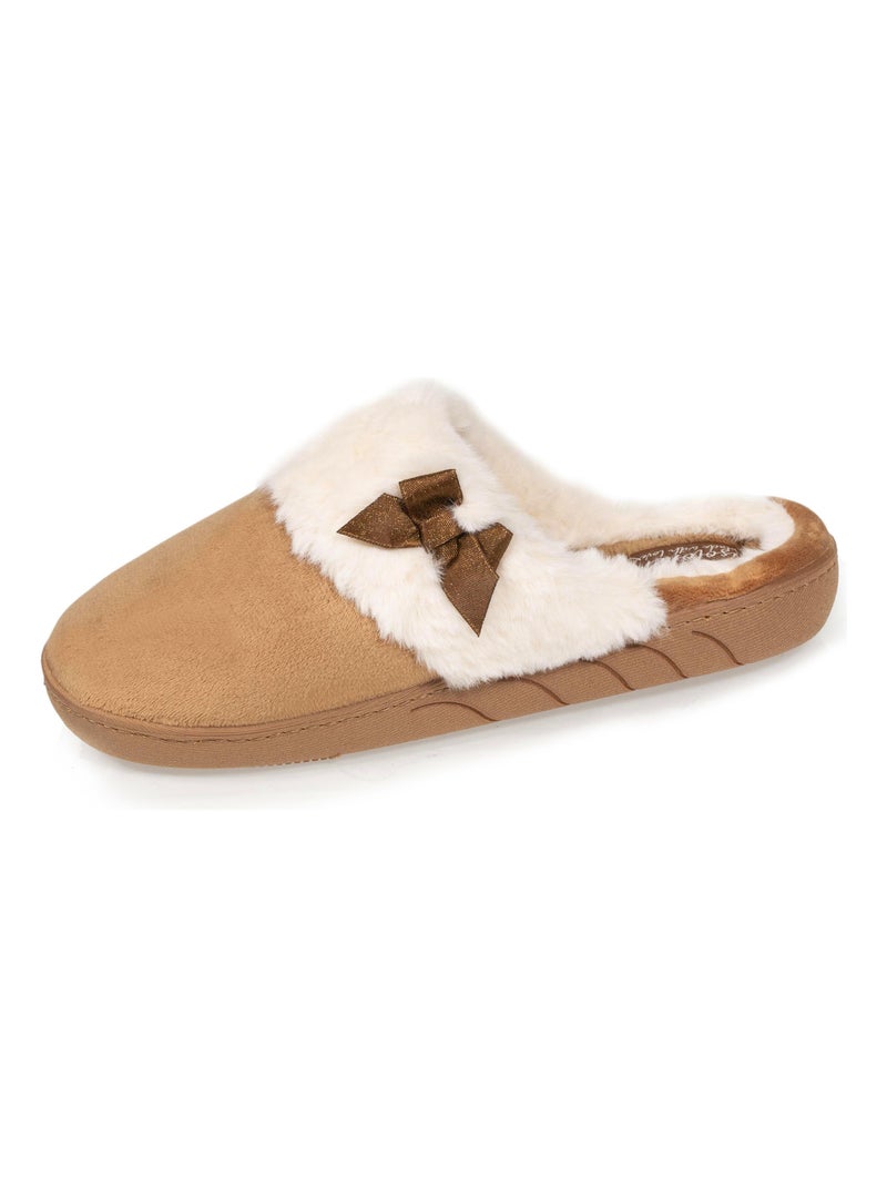 Chaussons mules en microvelours avec un petit noeuf satiné fille Isotoner Camel - Kiabi