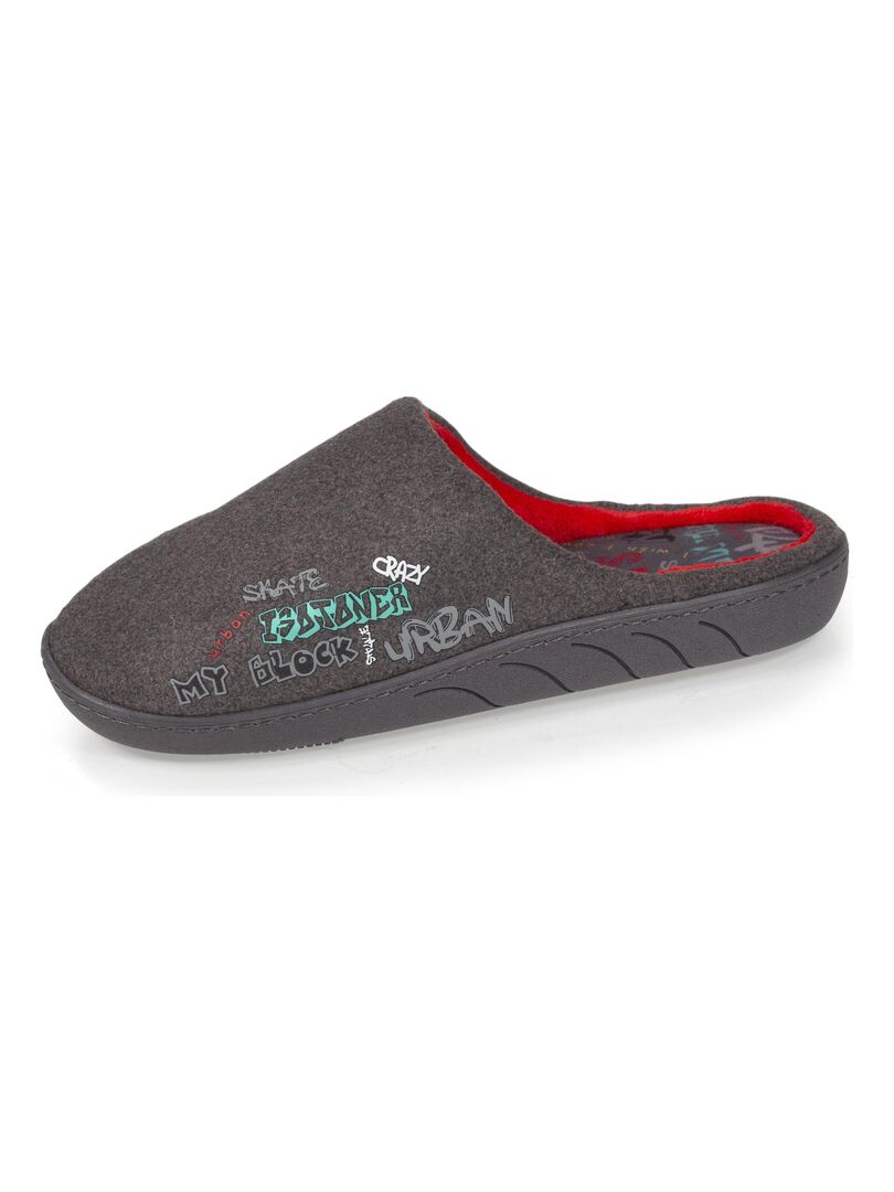 Chaussons Mules en polaire avec des détails graffiti Gris foncé - Kiabi