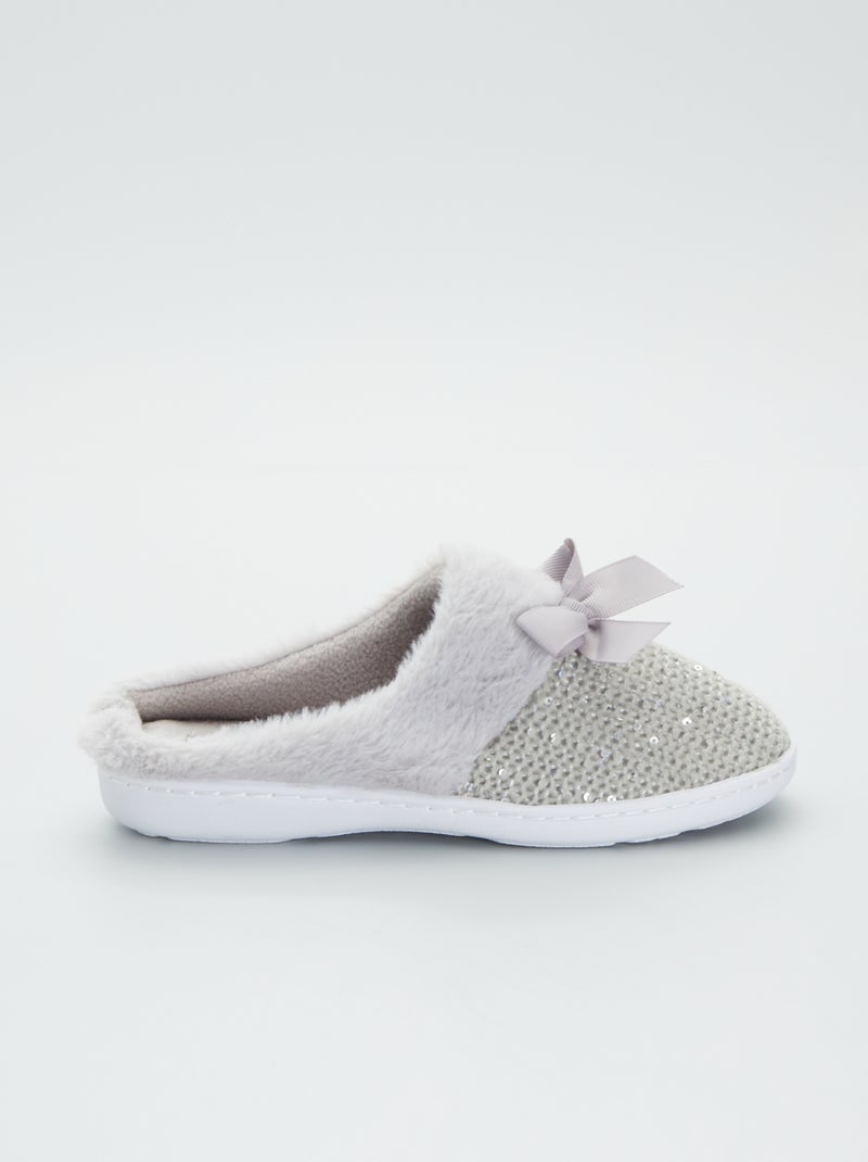 Chaussons mules fourrés en maille pailletée gris - Kiabi