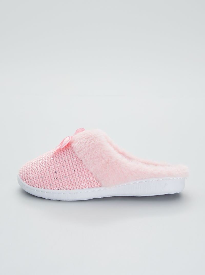 Chaussons mules fourrés en maille pailletée rose - Kiabi