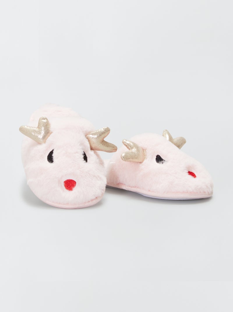 Chaussons mules fourrés et 'renne' rose - Kiabi