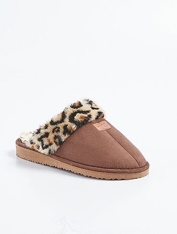Chaussons mules fourrés imprimé léopard largeur confort