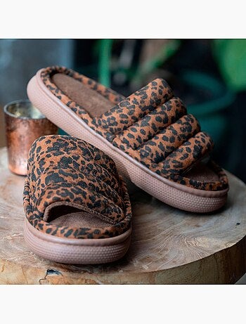 Chaussons mules ouvertes velours et maille métalisée semelle femme Isotoner