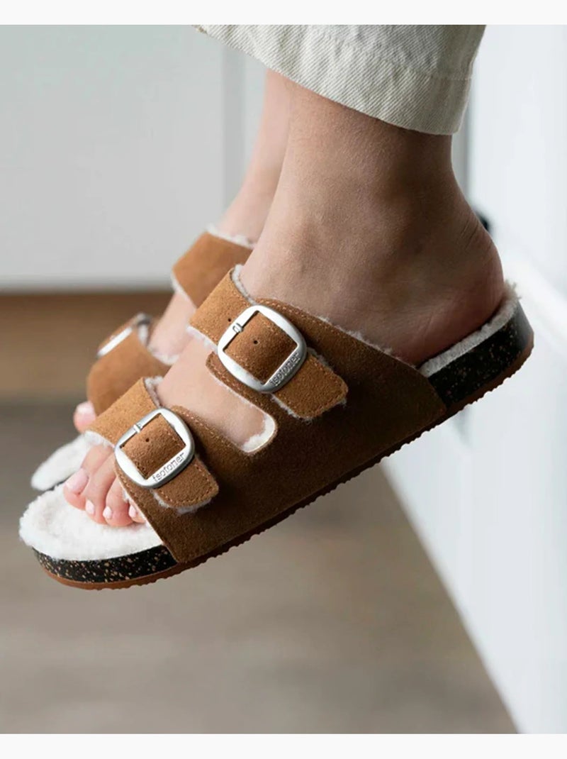 Chaussons mules ouvertes ultra confortables, en cuir femme Camel - Kiabi