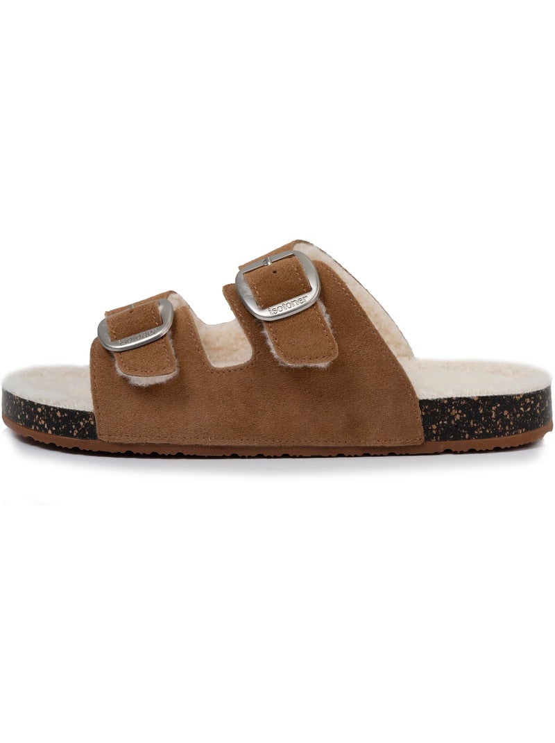 Chaussons mules ouvertes ultra confortables, en cuir femme Camel - Kiabi