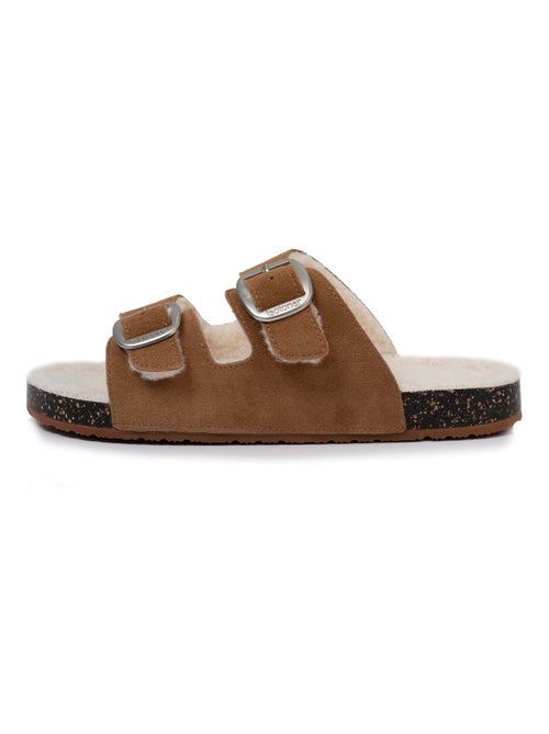 Chaussons mules ouvertes ultra confortables, en cuir femme Isotoner - Kiabi