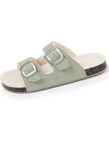 Chaussons mules ouvertes ultra confortables, en cuir femme isotoner