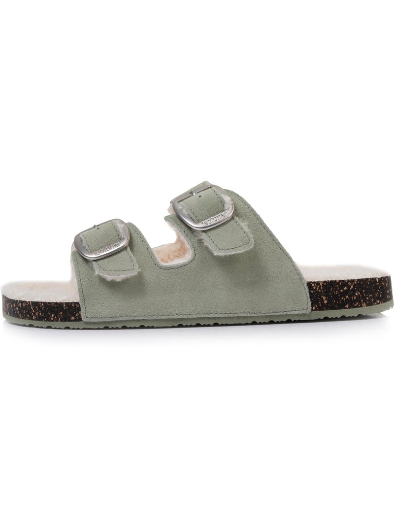 Chaussons mules ouvertes ultra confortables, en cuir femme isotoner Vert d'eau - Kiabi
