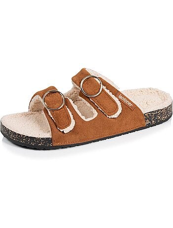 Chaussons mules ouvertes ultra-confortables patch Talon, en cuir femme Isotoner