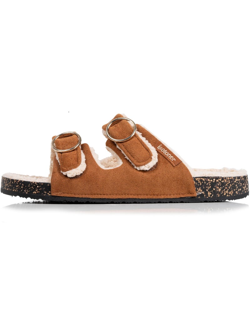 Chaussons mules ouvertes ultra-confortables patch Talon, en cuir femme Isotoner Camel - Kiabi