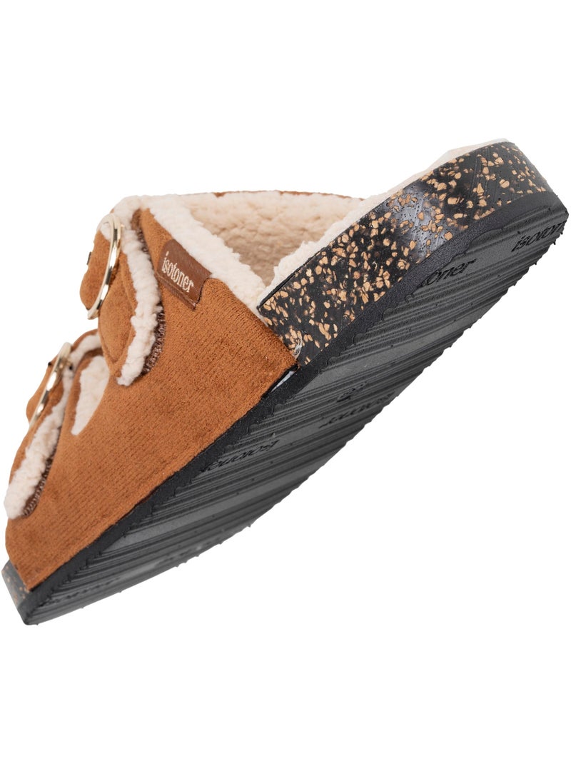 Chaussons mules ouvertes ultra-confortables patch Talon, en cuir femme Isotoner Camel - Kiabi