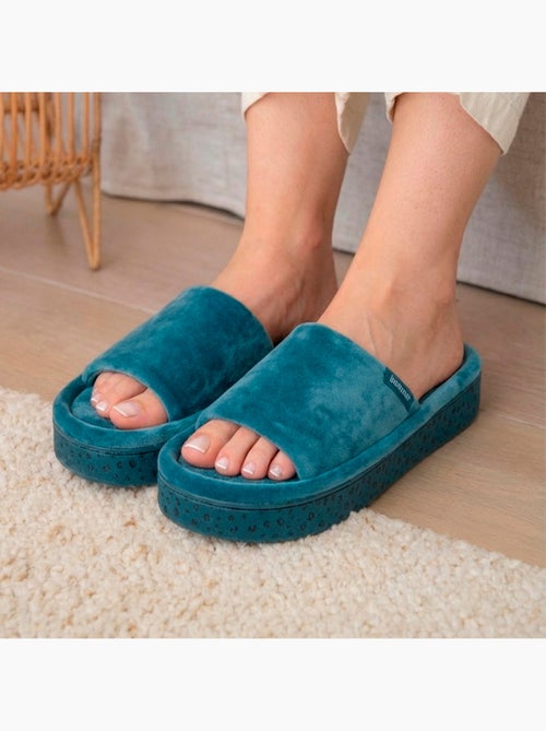 Chaussons mules ouvertes velours, plateforme 3,5 cm femme Isotoner - Kiabi