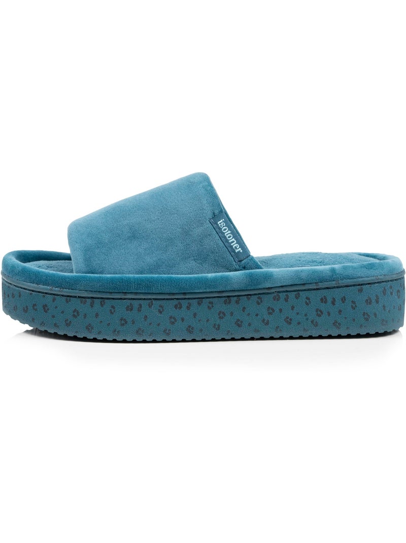 Chaussons mules ouvertes velours, plateforme 3,5 cm femme Isotoner Bleu canard - Kiabi