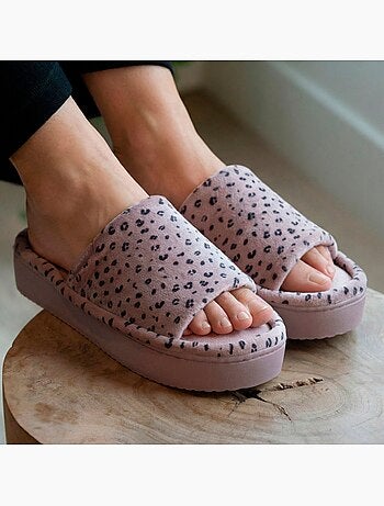 Chaussons mules ouvertes velours, plateforme 3,5 cm femme Isotoner