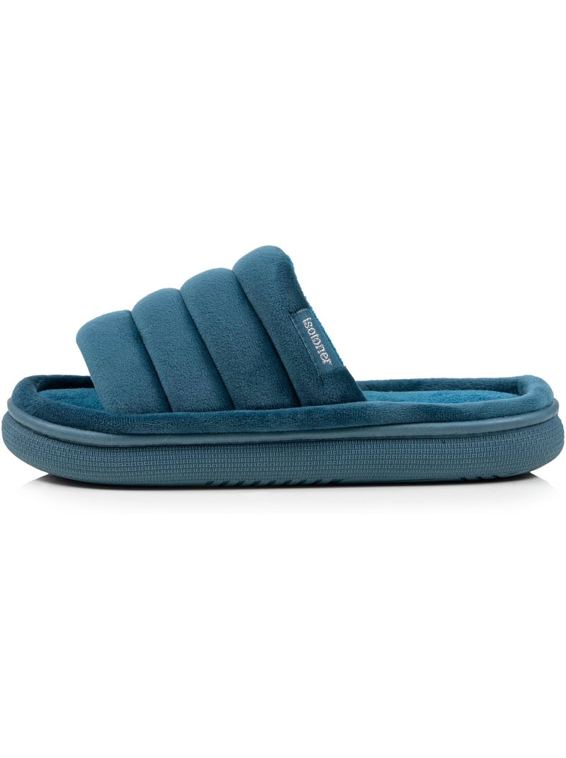 Chaussons mules ouvertes velours semelle bloup XTRA Confort femme Isotoner Bleu canard - Kiabi