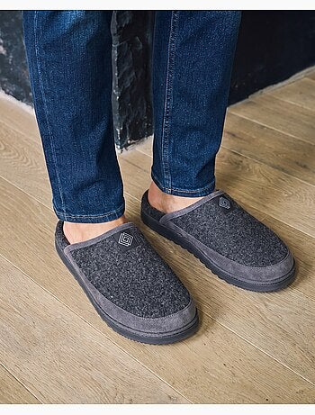 Chaussons mules velours chauds, semelle confort crantée homme