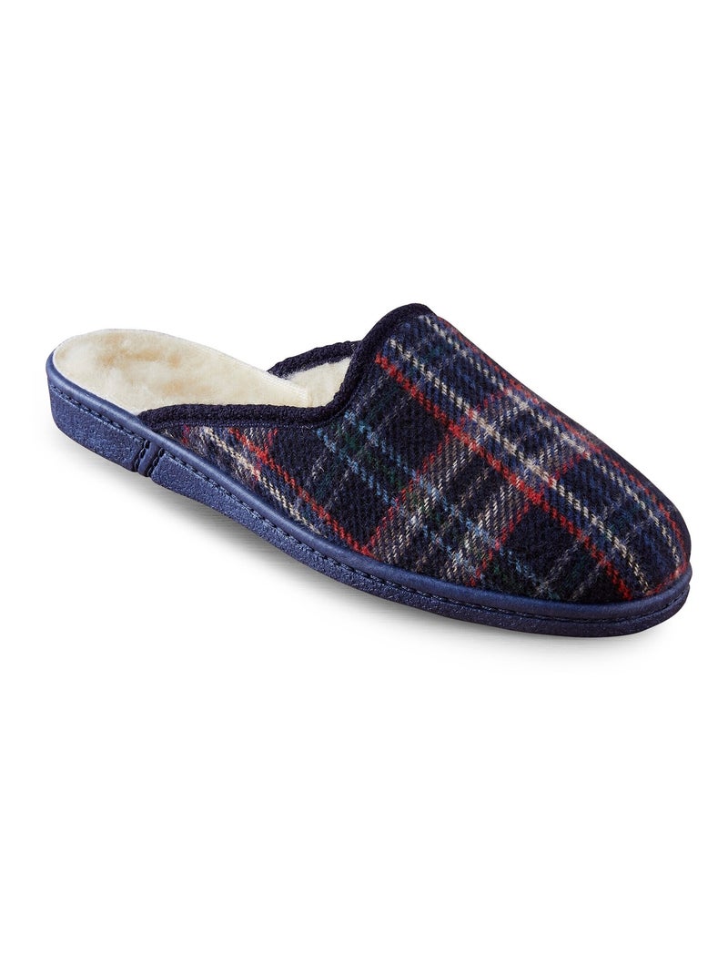 Chaussons mules pure laine à carreaux Bleu marine - Kiabi