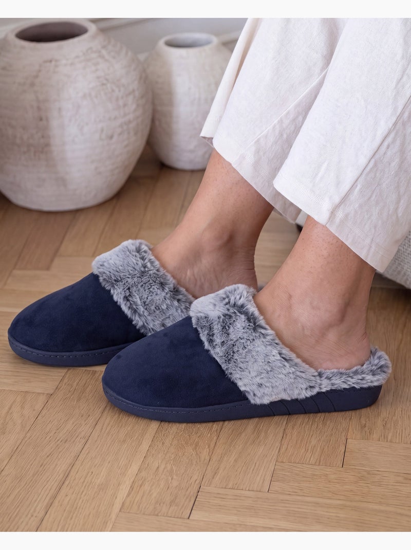 Chaussons mules semelle ergonomique confort, velours femme Bleu marine - Kiabi
