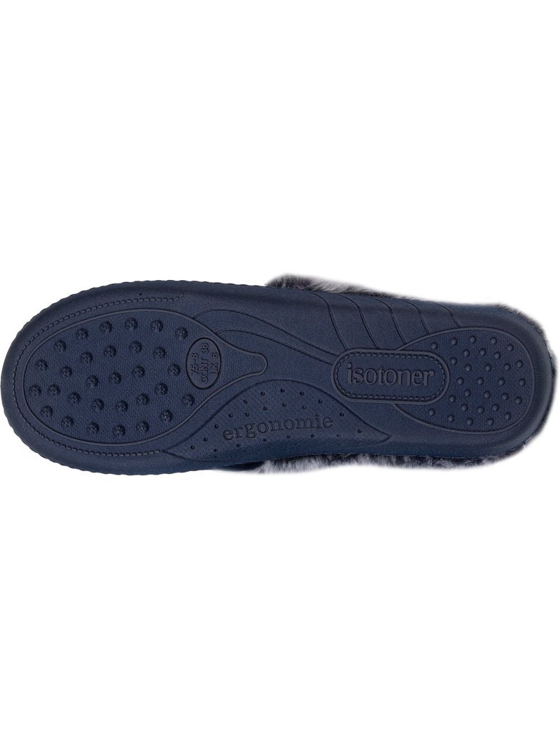 Chaussons mules semelle ergonomique confort, velours femme Bleu marine - Kiabi