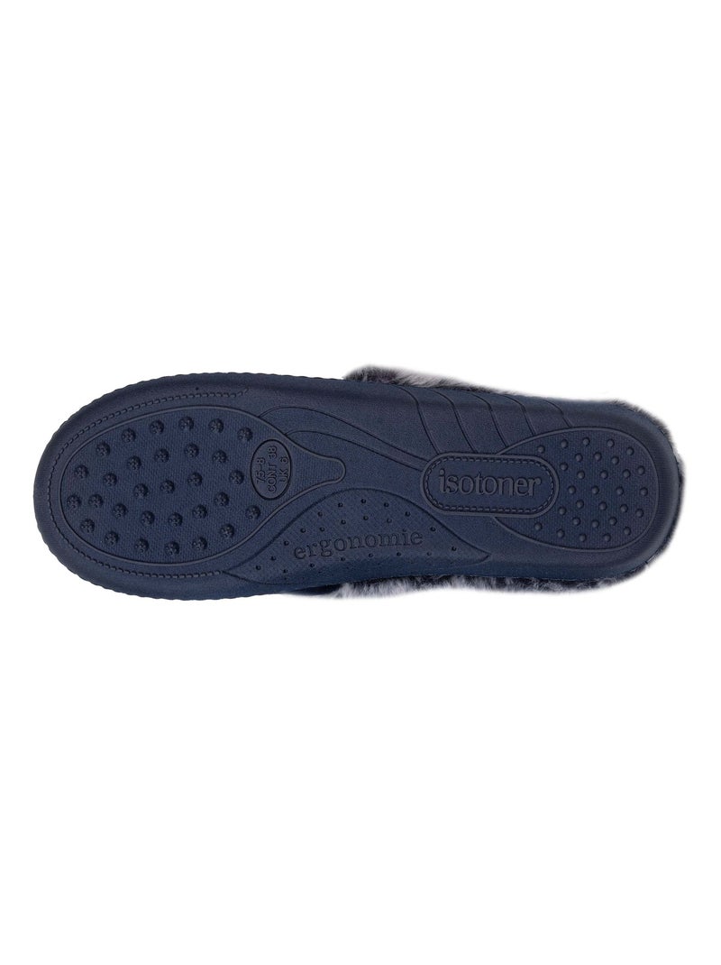 Chaussons mules semelle ergonomique confort, velours femme Isotoner Bleu marine - Kiabi