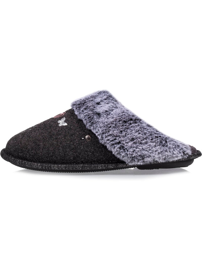 Chaussons mules ultra confortables, bordure en fausse femme isotoner Gris chiné - Kiabi