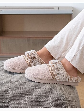 Chaussons mules ultra confortables, en maille bouclette, femme isotoner