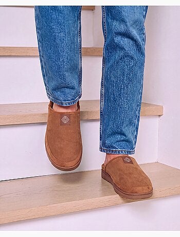 Chaussons mules velours chauds, semelle confort crantée homme