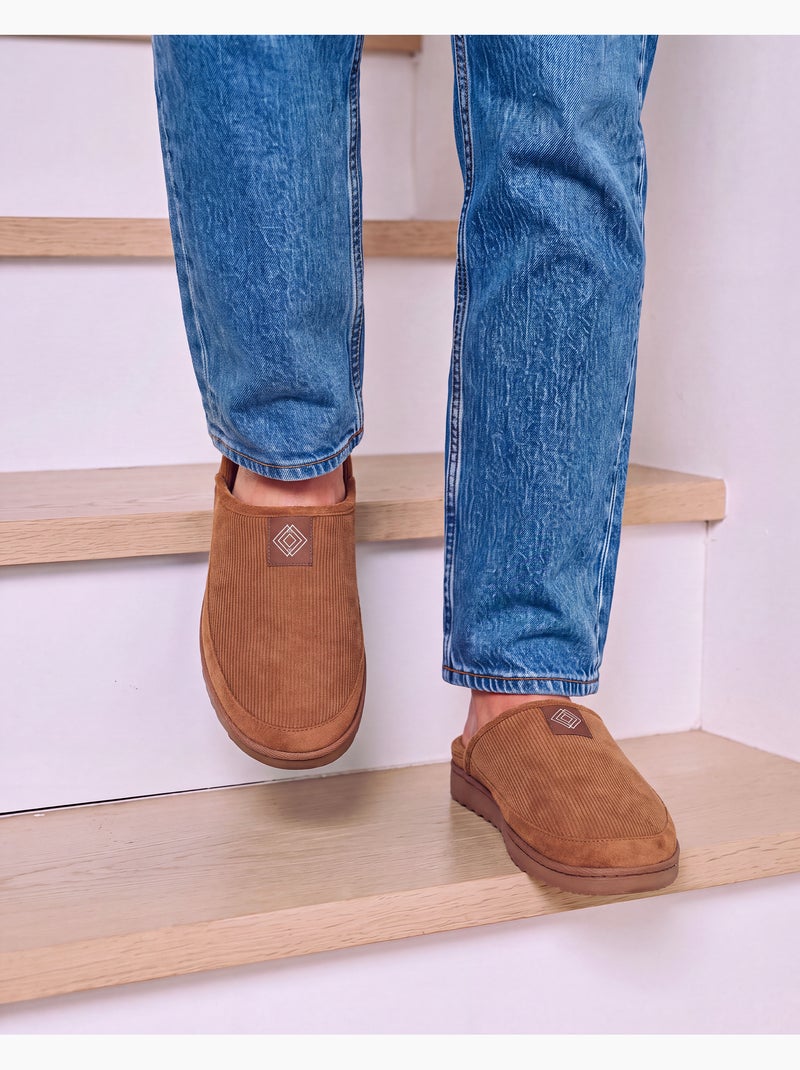 Chaussons mules velours chauds, semelle confort crantée homme Camel - Kiabi