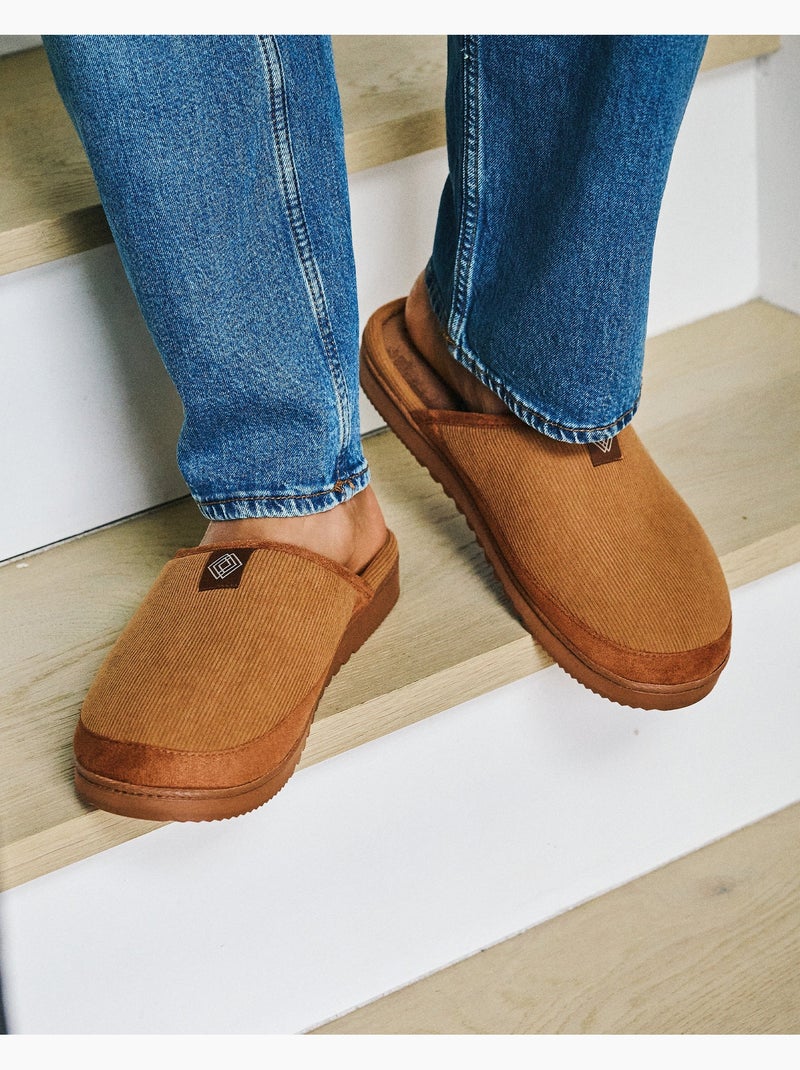 Chaussons mules velours chauds, semelle confort crantée homme isotoner Camel - Kiabi