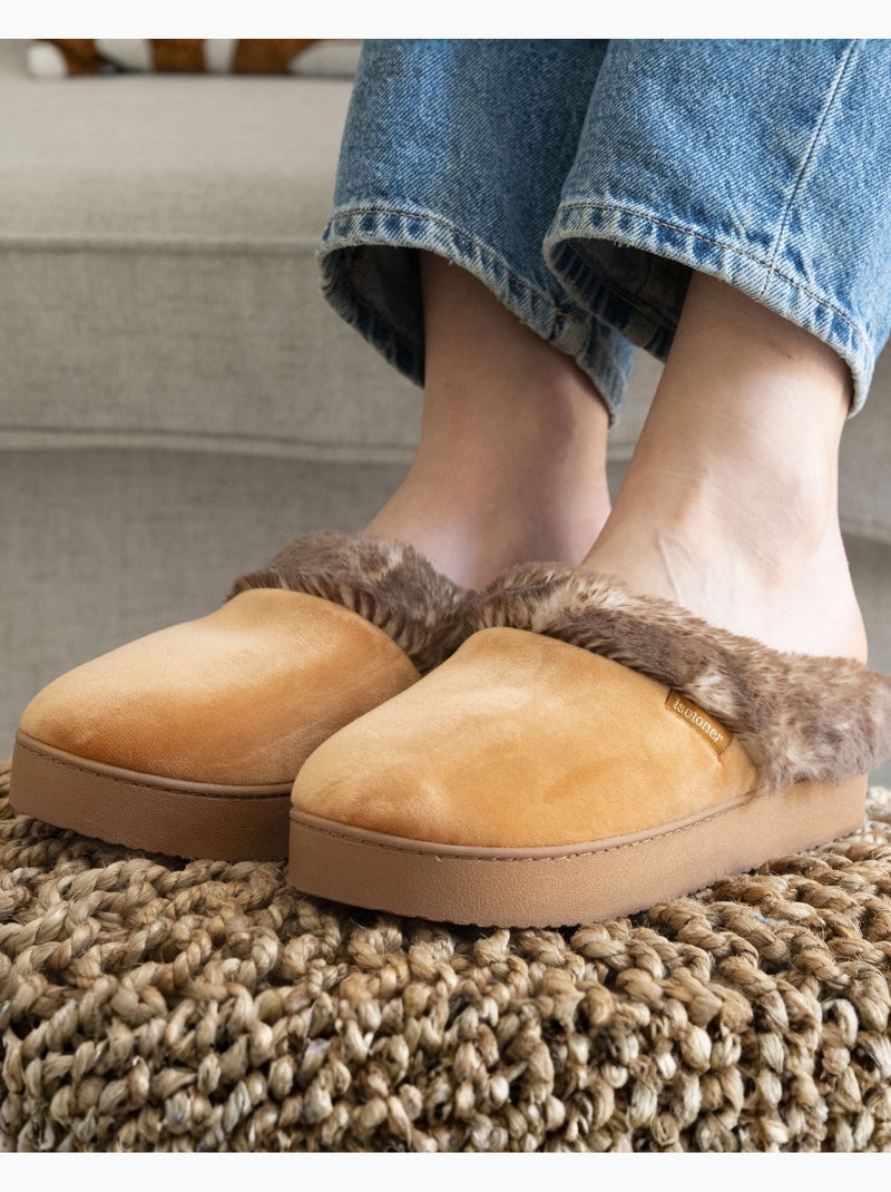Chaussons mules velours ultra doux, compensées femme isotoner Camel - Kiabi