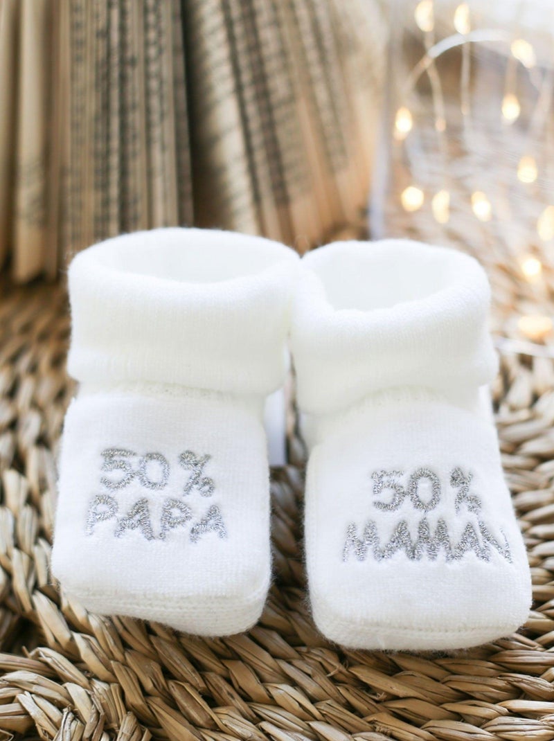 Chaussons Naissance - Message :  50% Maman 50% Papa Blanc - Kiabi