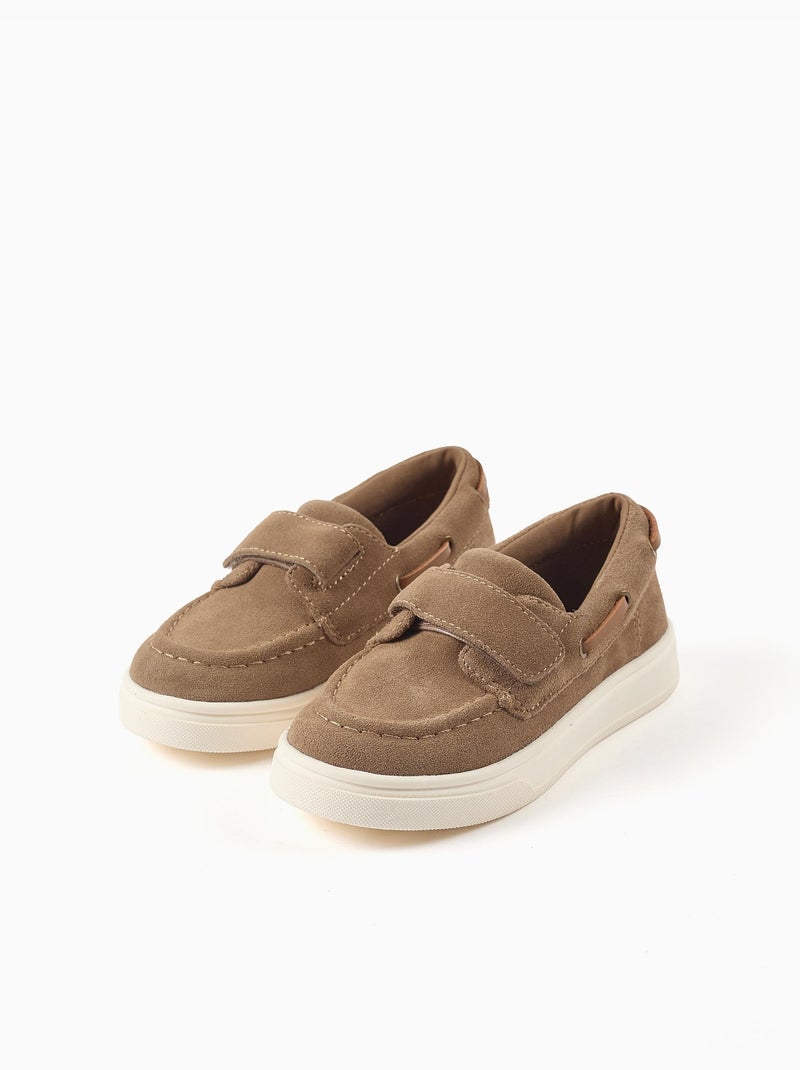 Chaussures bateau en suède avec fermeture à scratch Camel - Kiabi