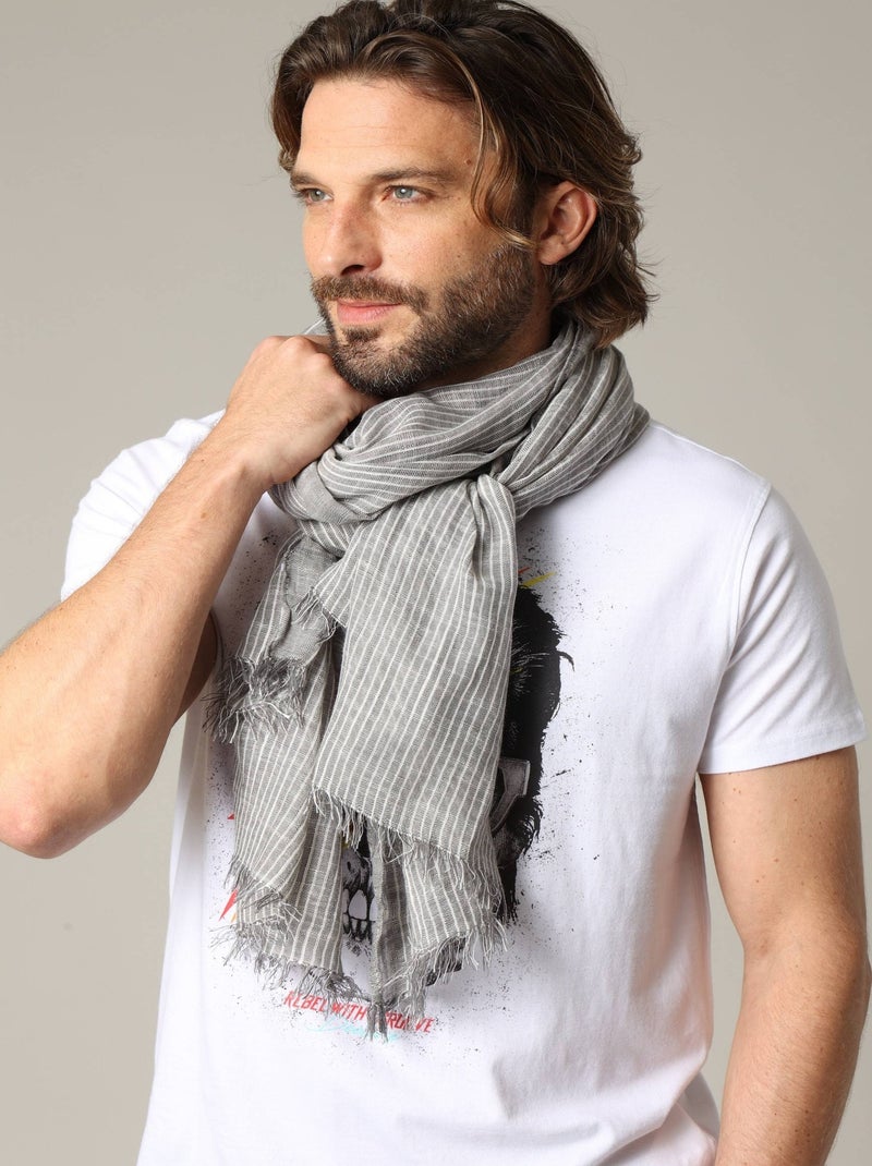 Chèche en coton gris à fines rayures blanches 'Deeluxe' Gris - Kiabi