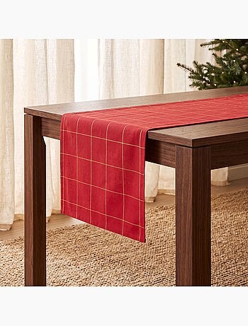 Chemin de table noël à carreaux tissé, fil doré, coton - gamusi.