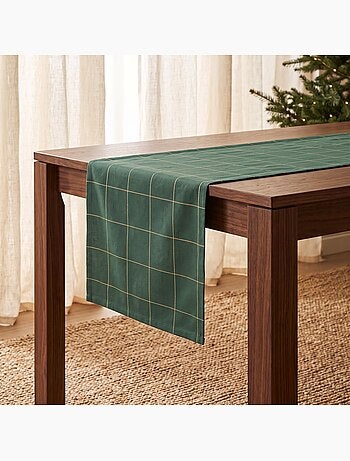 Chemin de table noël à carreaux tissé, fil doré, coton - gamusi.