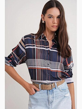 Chemise à carreaux boutonnée en satin mixray