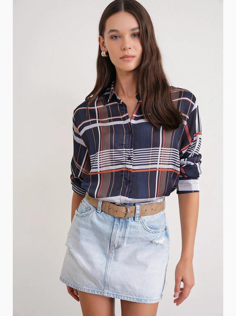 Chemise à carreaux boutonnée en satin mixray Bleu marine - Kiabi