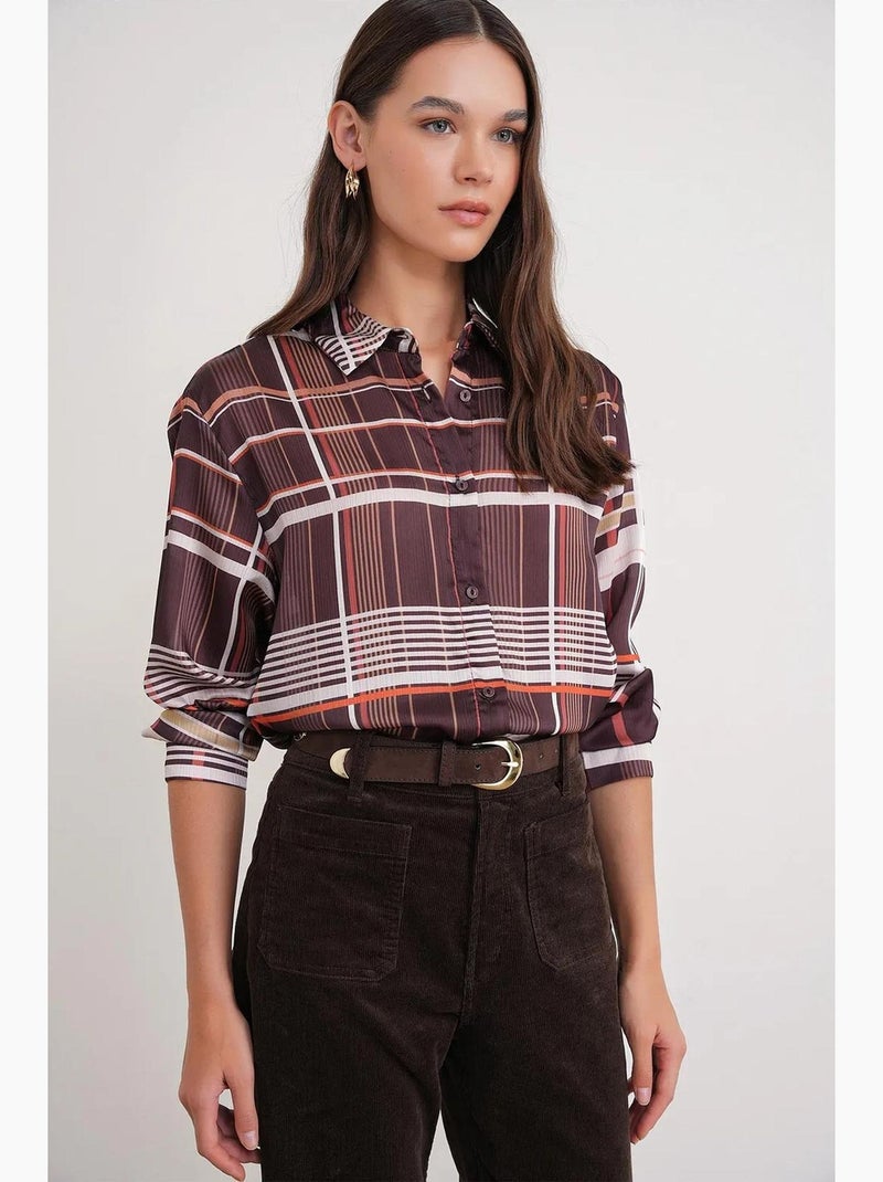 Chemise à carreaux boutonnée en satin mixray Marron clair - Kiabi