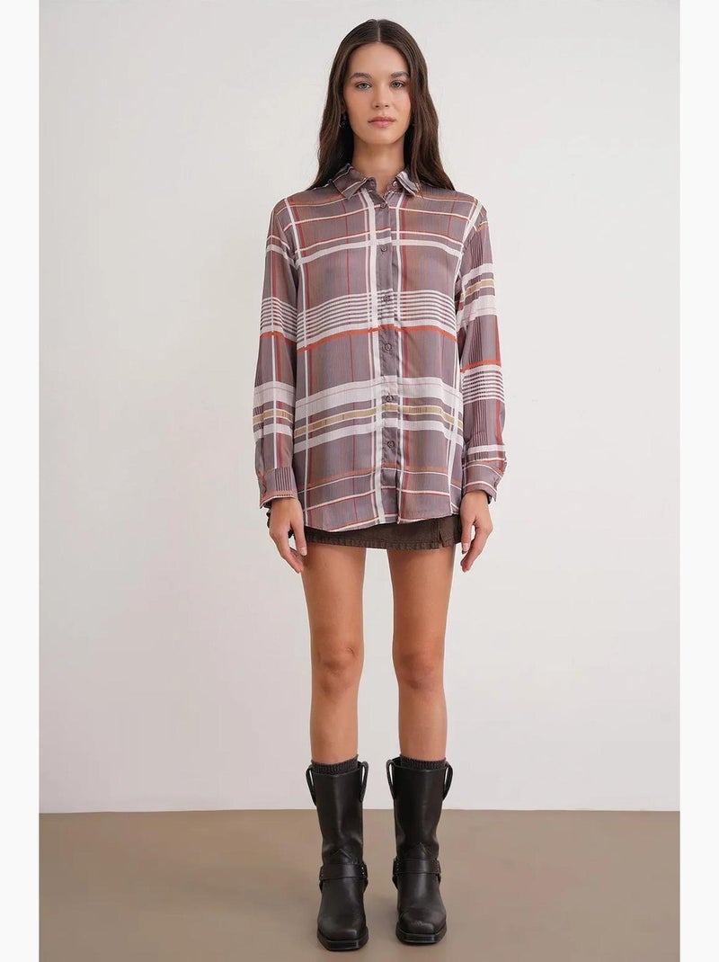 Chemise à carreaux boutonnée en satin mixray Taupe - Kiabi