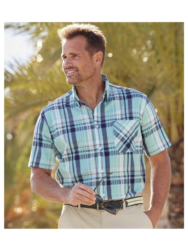 Chemise à Carreaux Effet Gaufré Cyclades   - ATLAS FOR MEN Bleu - Kiabi