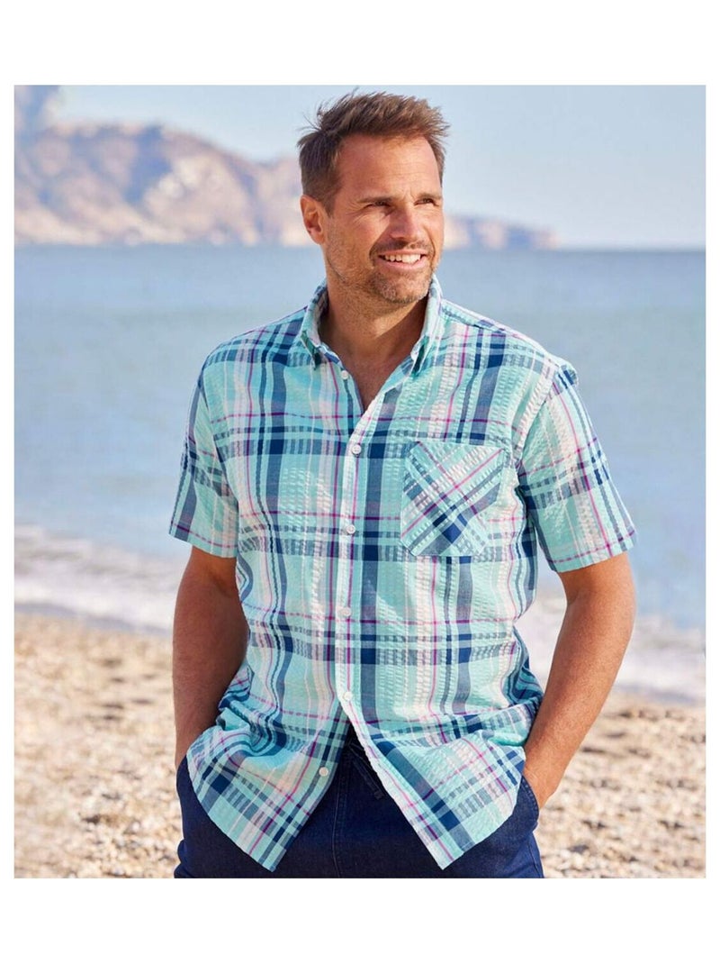 Chemise à Carreaux Effet Gaufré Cyclades   - ATLAS FOR MEN Bleu - Kiabi