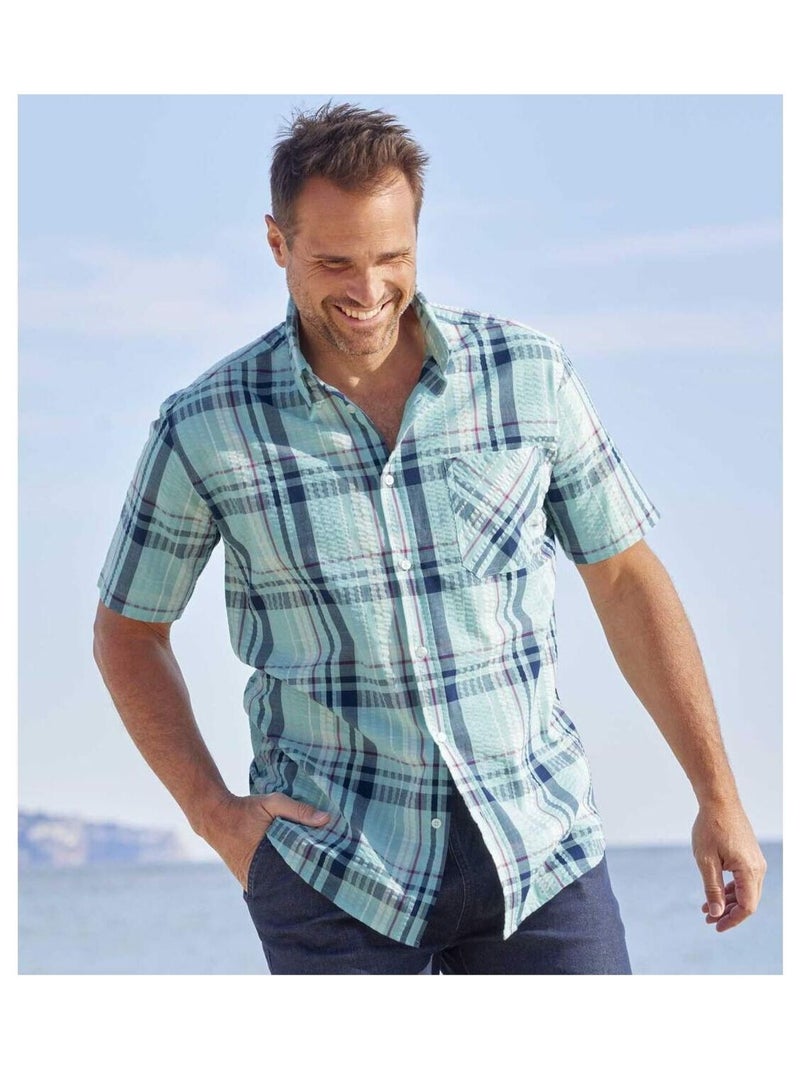 Chemise à Carreaux Effet Gaufré Cyclades   - ATLAS FOR MEN Bleu - Kiabi