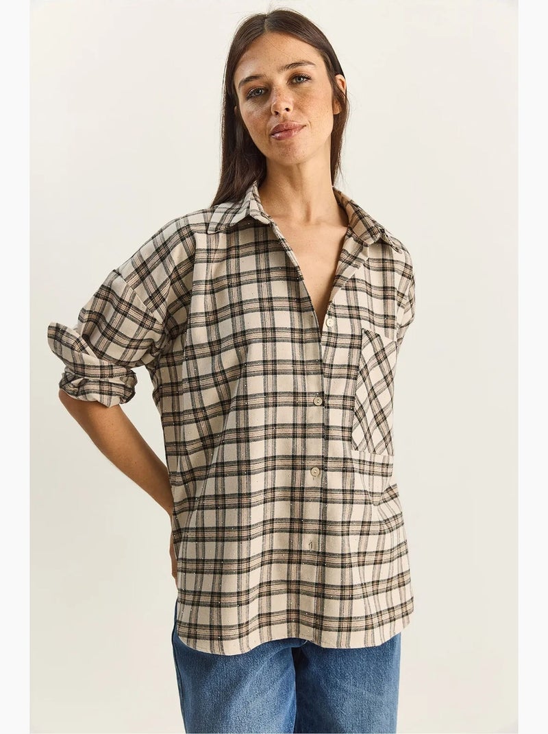Chemise à carreaux oversize à manches longues et poche lucci Beige argile - Kiabi