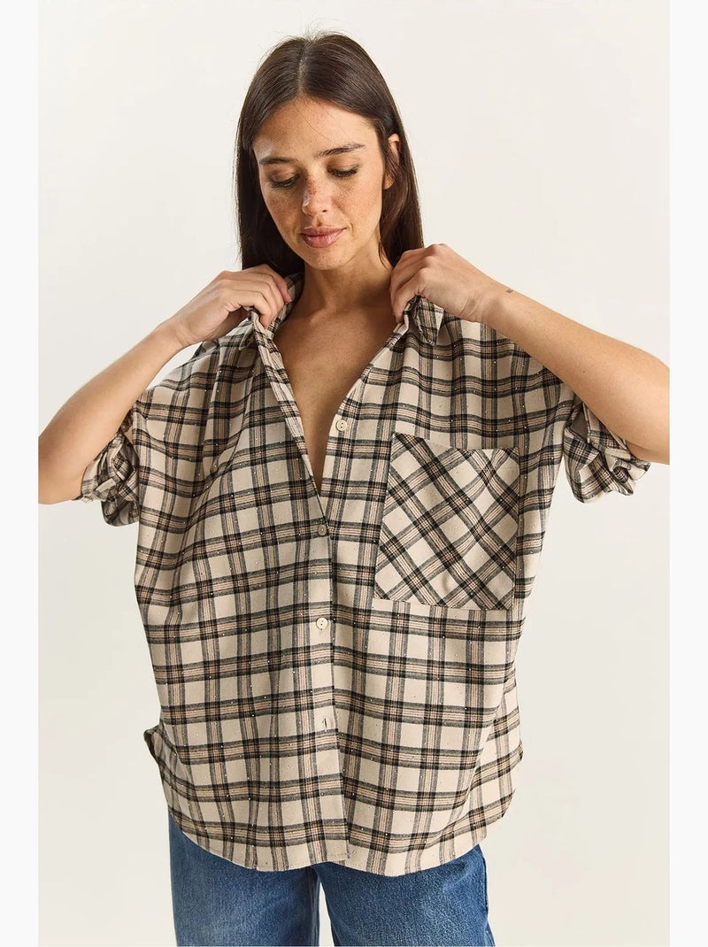 Chemise à carreaux oversize à manches longues et poche lucci Beige argile - Kiabi