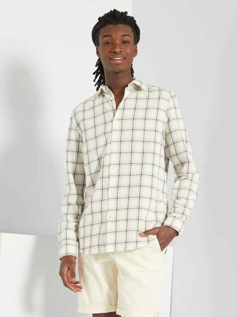 Chemise à carreaux regular en twill de coton carreaux écru - Kiabi
